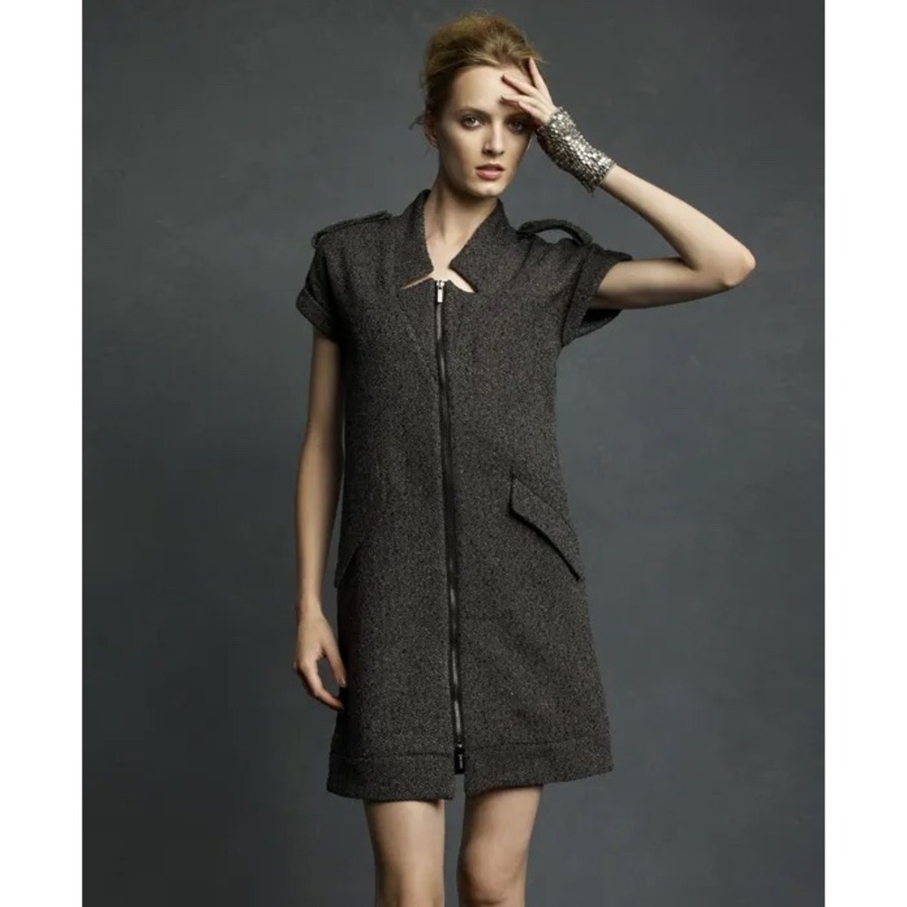 Karl Lagerfeld Women Wool Blend Shift Dress L Grey Tweed Dark Academia Epaulette